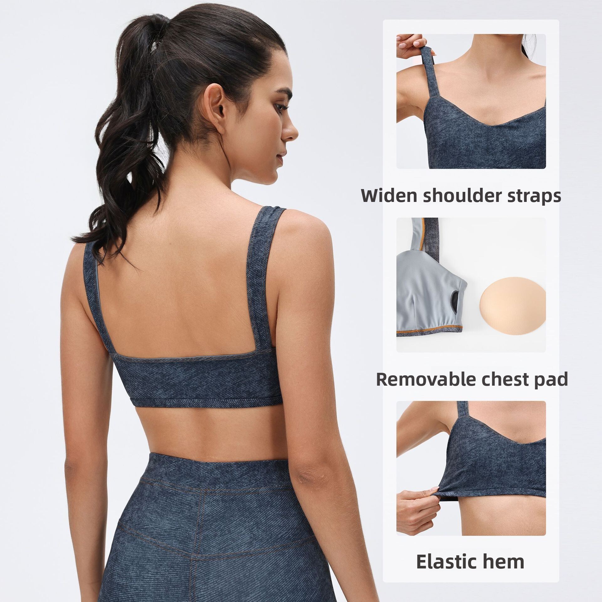 Strappy Denim Style Tube Top Push-Up Sports Shock Absorption Anti-Sagging Fitness Yoga Bra D26063