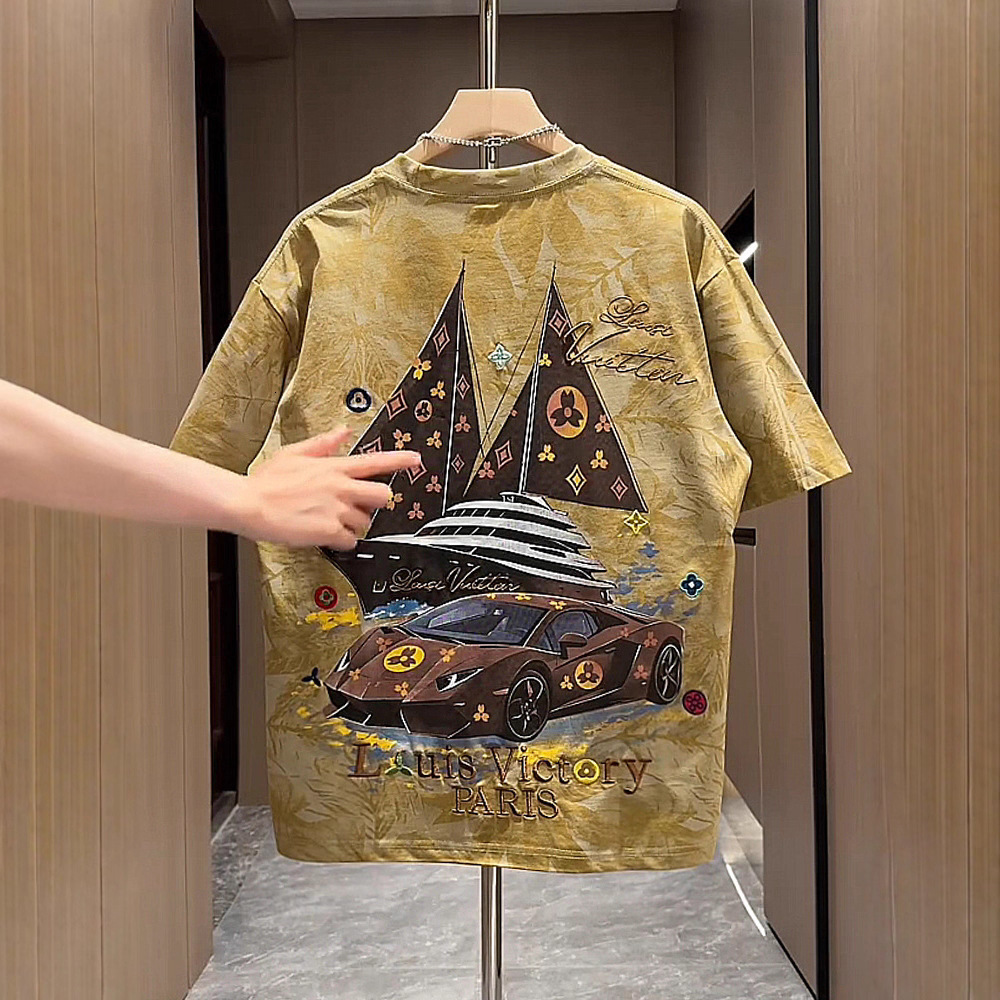 Luxury Brand Designer Clothes Trendy Brand Embroidered Letter Short Sleeve T-Shirt For Men Summer Versatile Painted Smooth Sailing Printed Half Sleeve