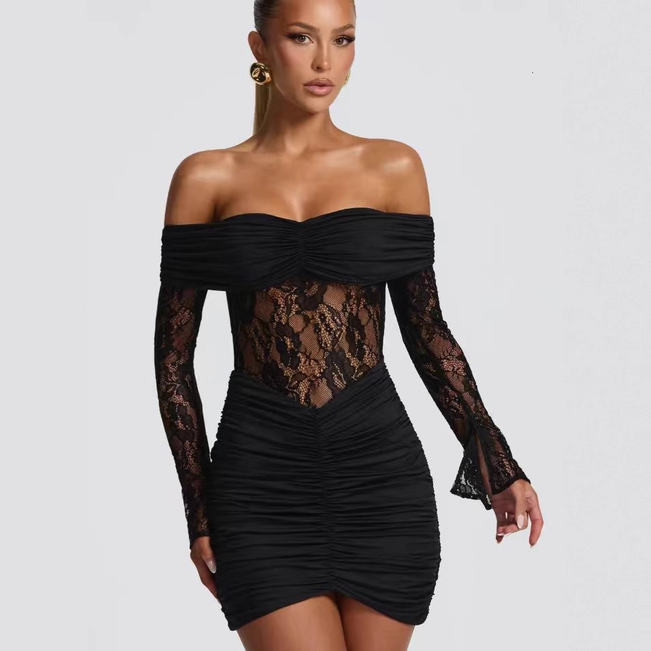 Women Lace Jumpsuit Long Sleeve Offshoulder Patchwork Sheer Jumpsuit Slim Fit Fall Clubwear 250904