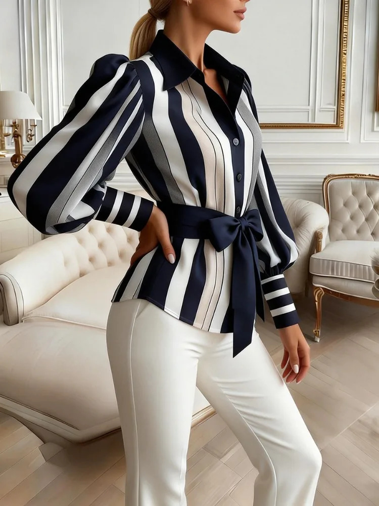 UOOZEE Womens Contrast Color Striped Shirt Long Puff Sleeves Belted Elegant Office Blouse 2026 Fashion Tops Formal Workwear 260228