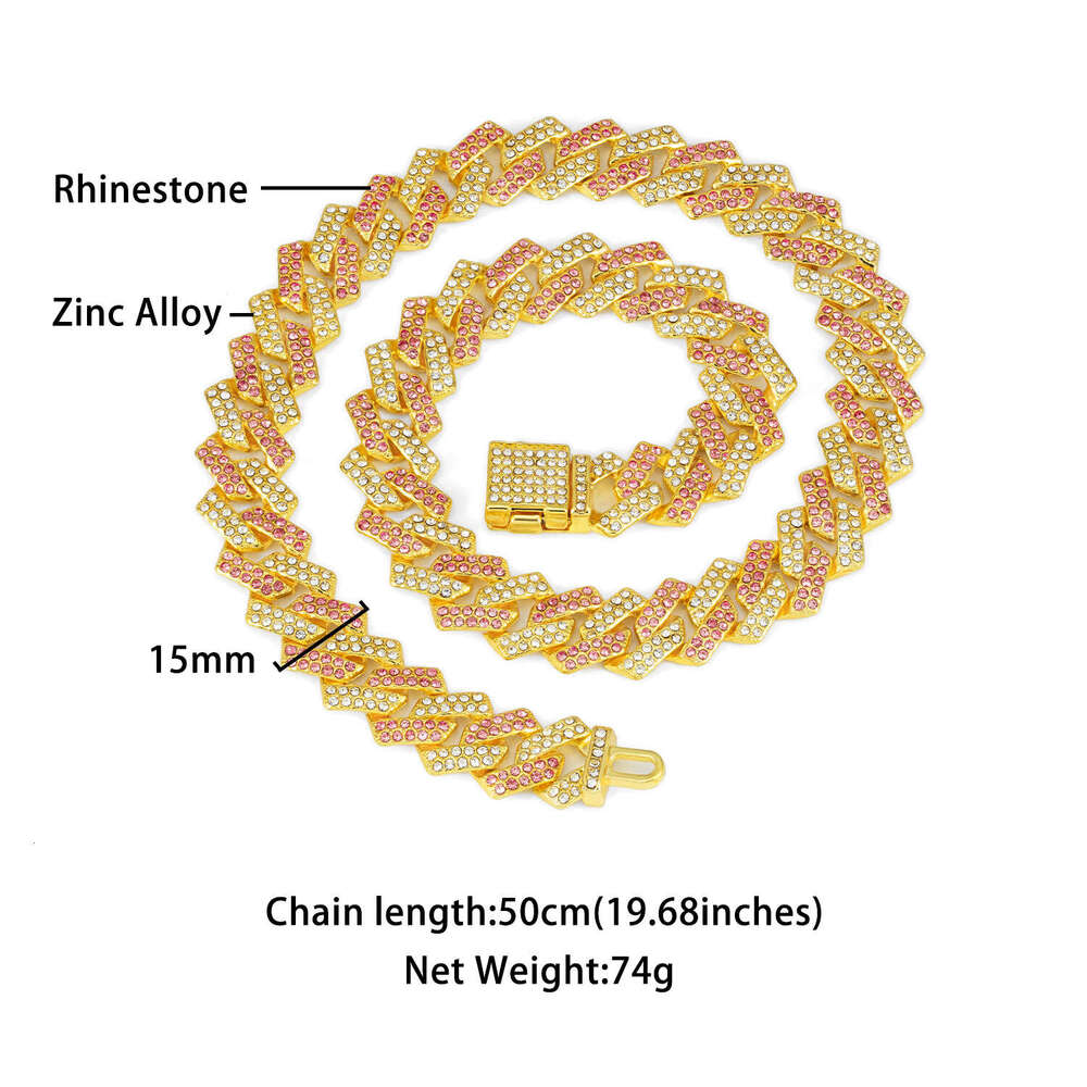 European and American Cross-Border Hot-Selling 15mm Diamond-Shaped Small Flip Cuban Chain High-Quality Pink Blue Hip-Hop Necklace Wholesale