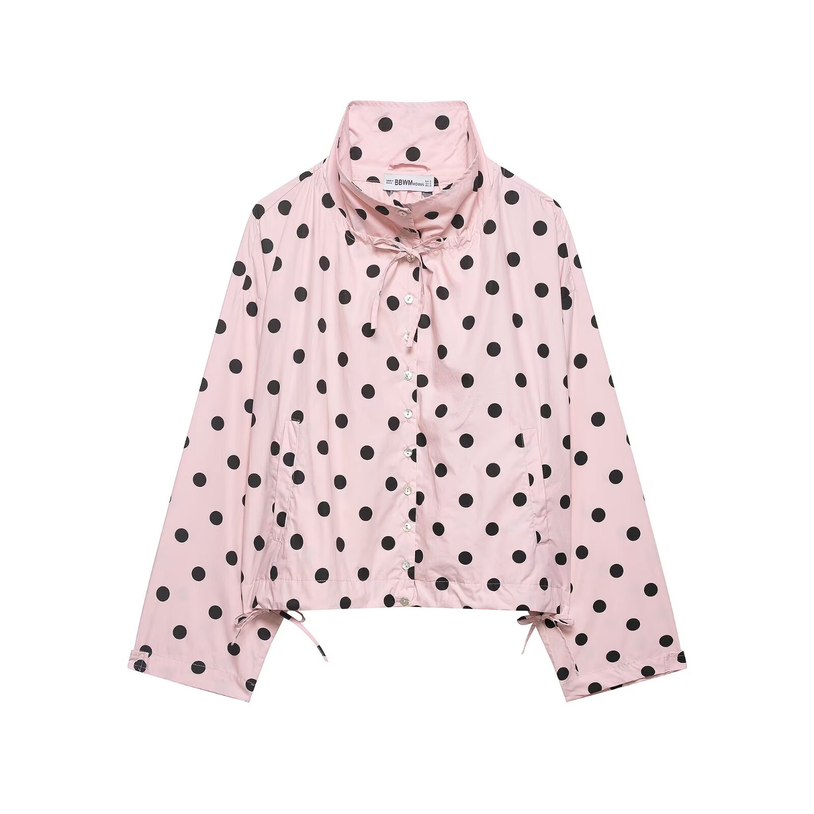 PB&ZA 2026 Spring New Product Women's Fashion Casual Bow Tie Stand up Collar Long Sleeve Polka Dot Loose Coat