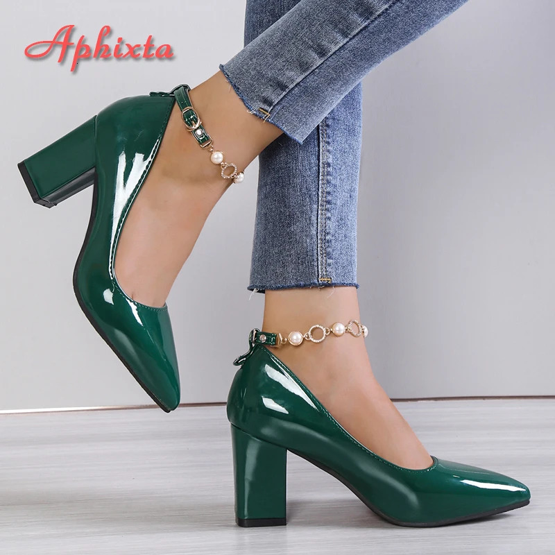 Aphixta Rhinestone Pearl Chain 7cm Chunky Heels Pumps Women Shoes String Bead Pointed Toe Bling Crystals Pumps 260306