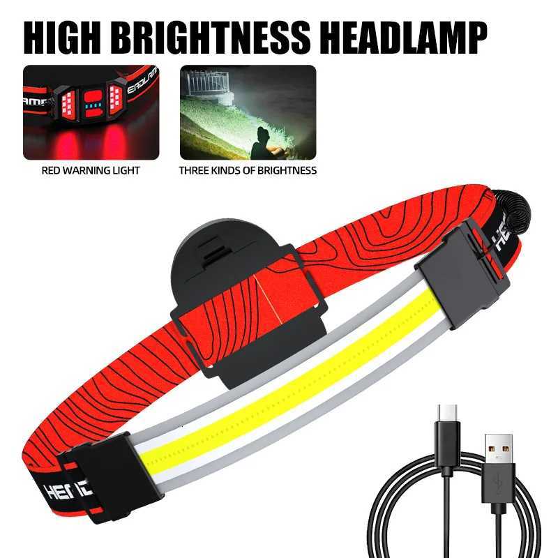 LED Headlamp Head Flashlight USB Rechargeable Head Lamp Withe Red Tailight Outdoor Camping Running Lamp Hiking Hat Headlight H260307
