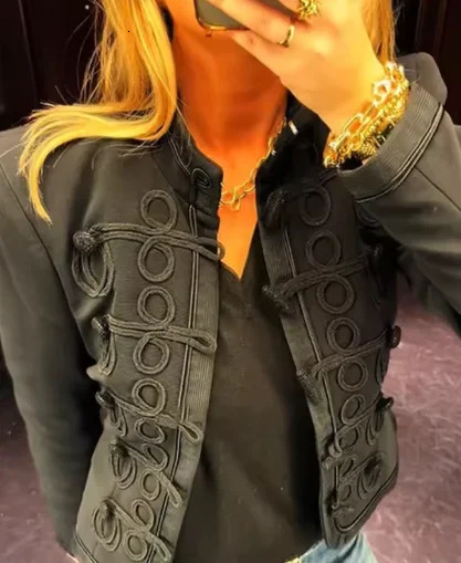 Women Retro Denim Military Jacket Lady Vintage Solid Stand Collar Single Breasted Slim Short Jackets 2026 Daily Street Outerwear 260303