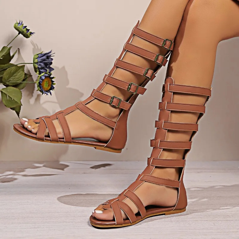 Summer Sandals for Plus-size Women High-top Hollowed-out Flat-bottomed Belt-buckle Soft-soled Roman Sandals 260306