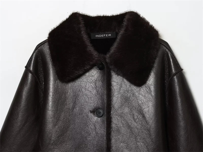 Womens Jacket AutumnWinter Arrivals Dark Brown Long-Sleeve Faux Leather Reversible Jacket Stylish and Unique 260306