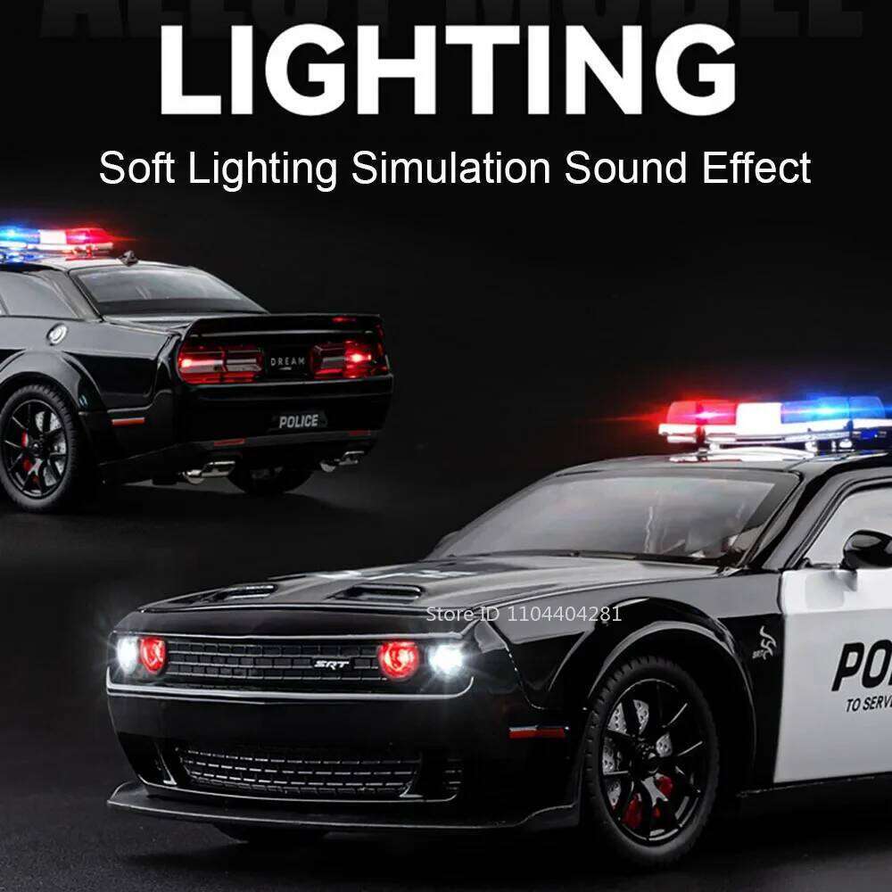 1:24 Challenger SRT Hellcat Alloy Police Car Diecast Model Toys Front Wheel Steering Sound Light Pull Back Vehices for Kids Gift Z260306