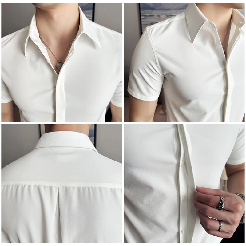 High Quality Summer Thin Stretchy Short-Sleeved Shirt for Mens Business and Casual Wear Hidden Button Placket M-4XL 260304