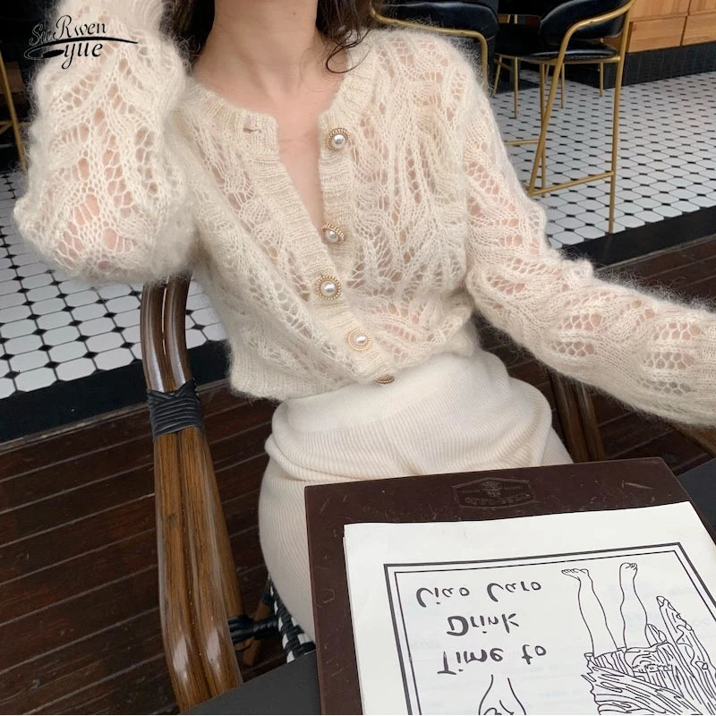 Autumn Openwork Knitted Cardigan French Style Elegant O-neck Mohair Coat Sweater Female Casual Solid Long Sleeve Soft Tops 16179 260305