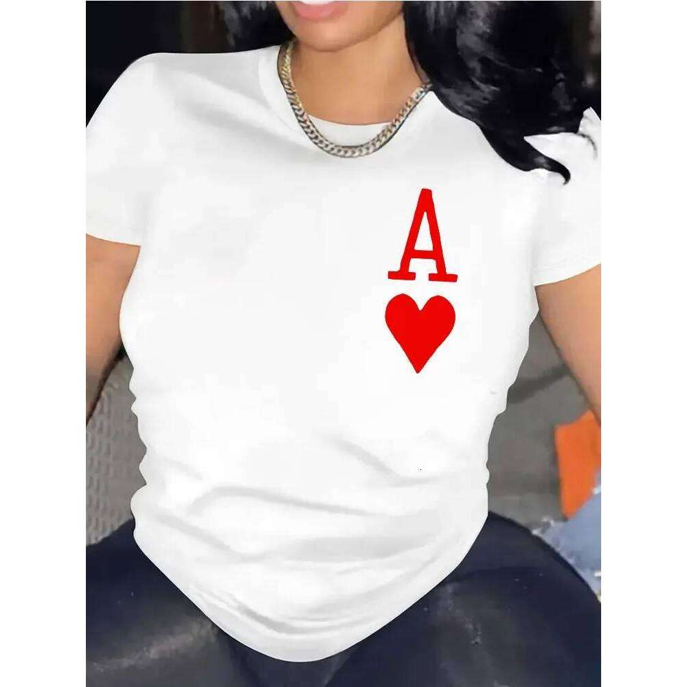 Women's Fashionable Casual Short-sleeved T-shirt with Red Heart Ace Pattern Print Round Neck Machine Washable Four-season Top XJ260306