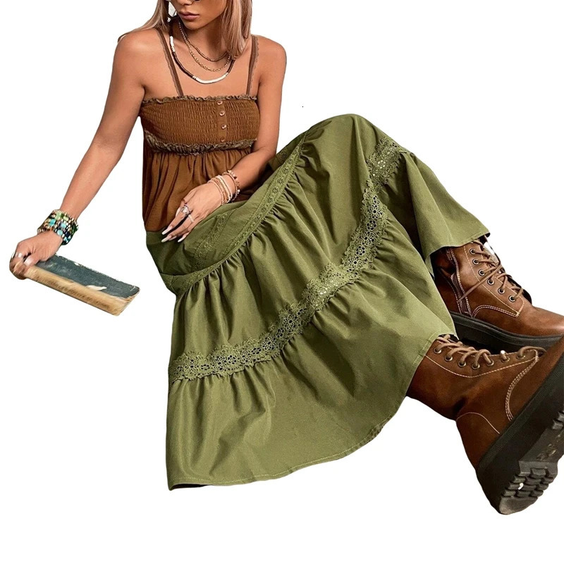 90s Vintage Green Pleated Skirts Korean Fashion Holiday Boho High Waist Long Skirts Retro Y2K Fairycore Cute Lace Trim Clothes 260306