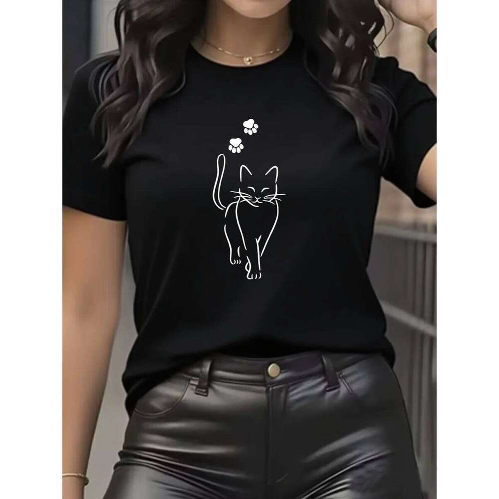 Summer women's cat print. Cute girls' casual short-sleeved round-neck top with animal pattern clothing. T-shirt XJ260306 XJ260306