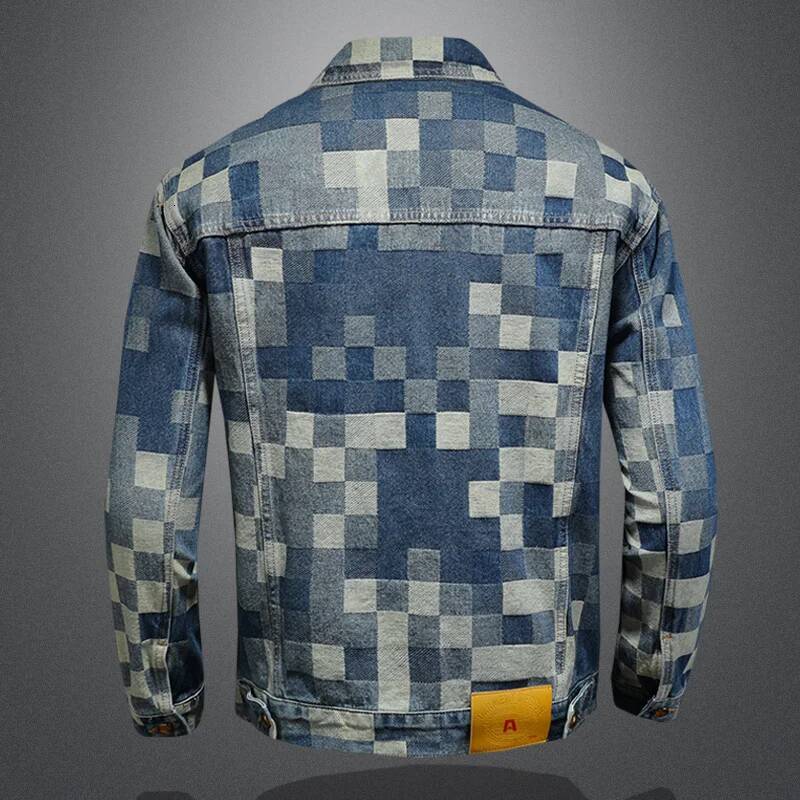2025 Autumn Vintage Checkered Denim for Men Flip Collar Single Breasted Casual Business Jacket Social Street Wear Jeans