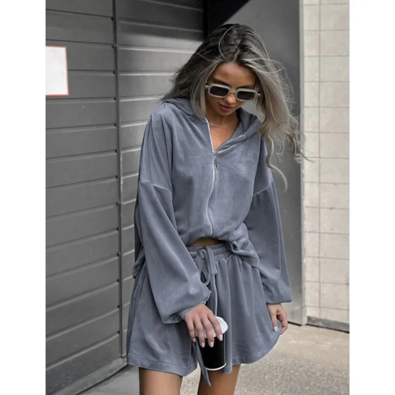 Women Twopieces Shorts Sets Spring Autumn Long Sleeves Zipper Hooded CoatHigh Waist Loose Drawstring Two Piece Set 260306
