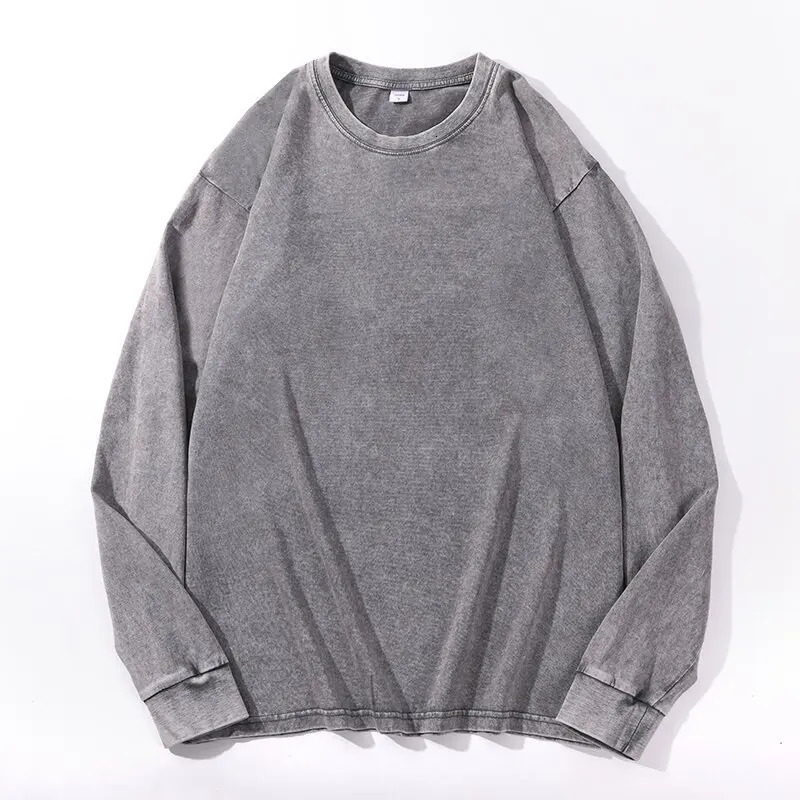 Y2K Fashion Mens Streetwear Black T Shirt Autumn Washed Cotton Vintage Solid O Collared Long Sleeve For Men Techwear 260302