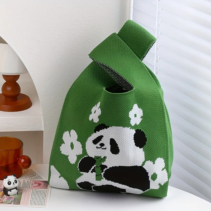 UNTIOR Cute Panda Knitted Bag Spring Stylish Mini Casual Wristlet Student Reusable Tote Suitable for Daily Outdoor Use 260307