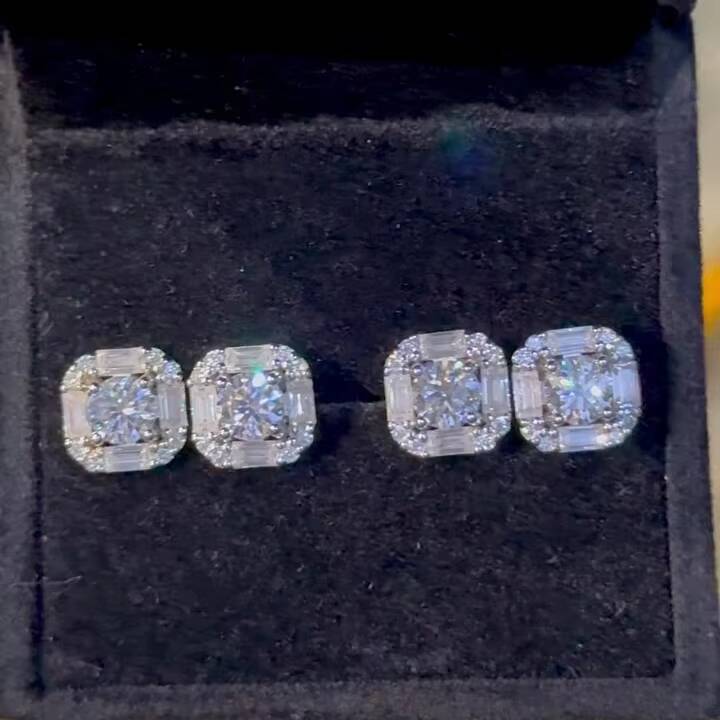 Luxurious Vvs Baguette Cut 8mm Moissanite Stud Earrings 925 Sterling Silver Gold Plated Brilliant Fire Anniversary