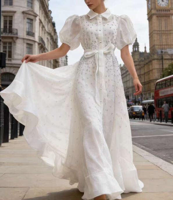 2026 European and A1 American fairy style retro dress with rhinestone semi transparent single breasted loose waistband long skirt