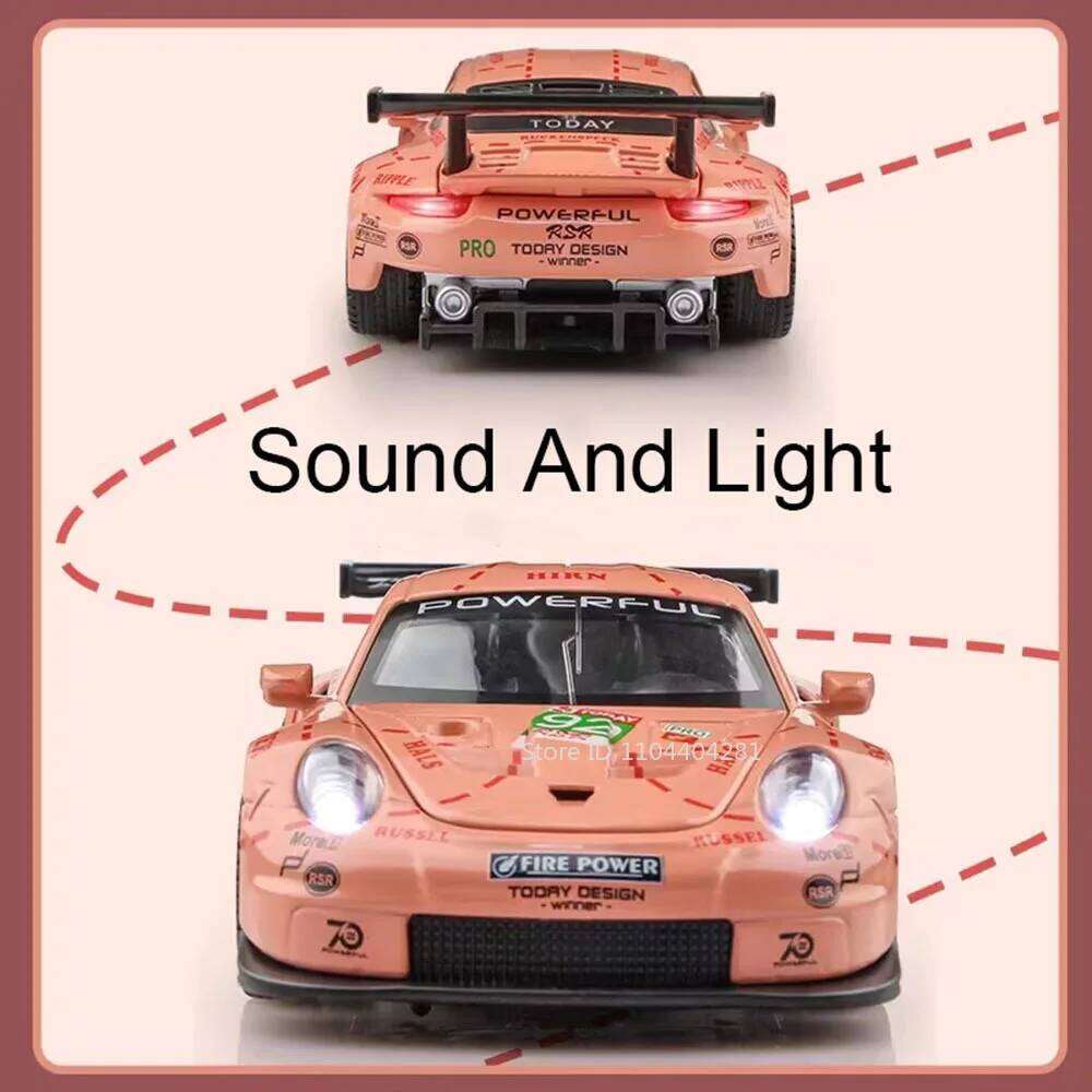 1:32 911 RSR Macan Toys Car Diecast Models Doors Opened Sound Light Pull Back Rubber Tires Miniature Sports Cars for Kids Gifts Z260306