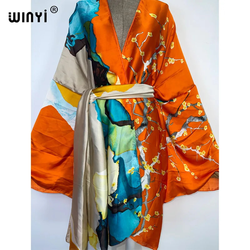 WINYI Summer Beach Wear Swim Suit Cover kaftan sweet lady boho Cardigan stitch Self Belted sexy Holiday long Sleeve Kimono 260228