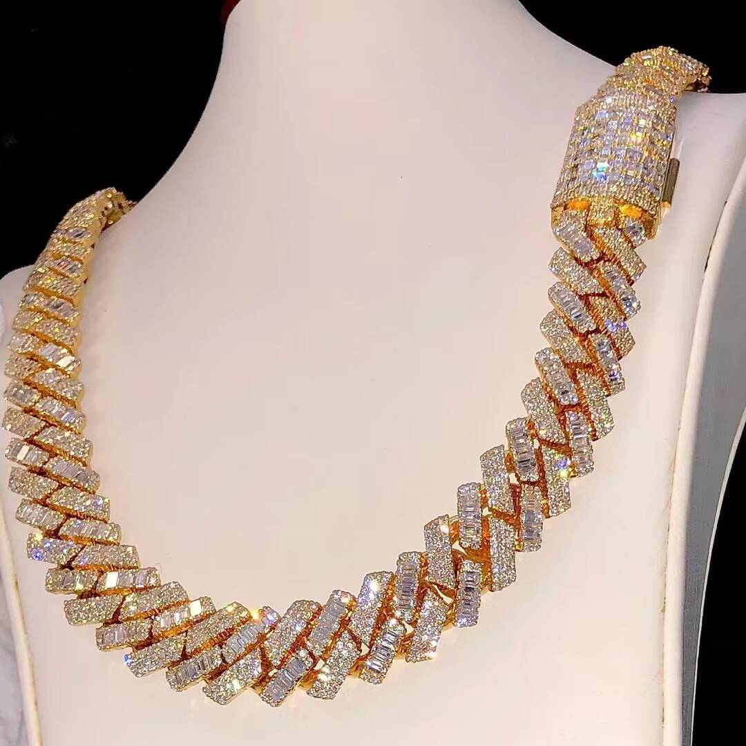 14mm Real Baguette VVS1 Moissanite Diamond Cuban Link Hip Hop Chain Bustdown Cuban Necklace Rapper Miami Cuban Chain