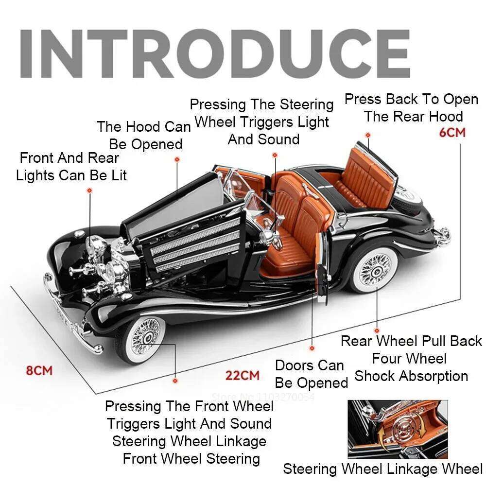 1:24 300SL 500K Alloy Vintage Car Miniature Model Toys Diecast Metal Cars Sound Light Pull Back Doors Opened Vehices Collection Z260306