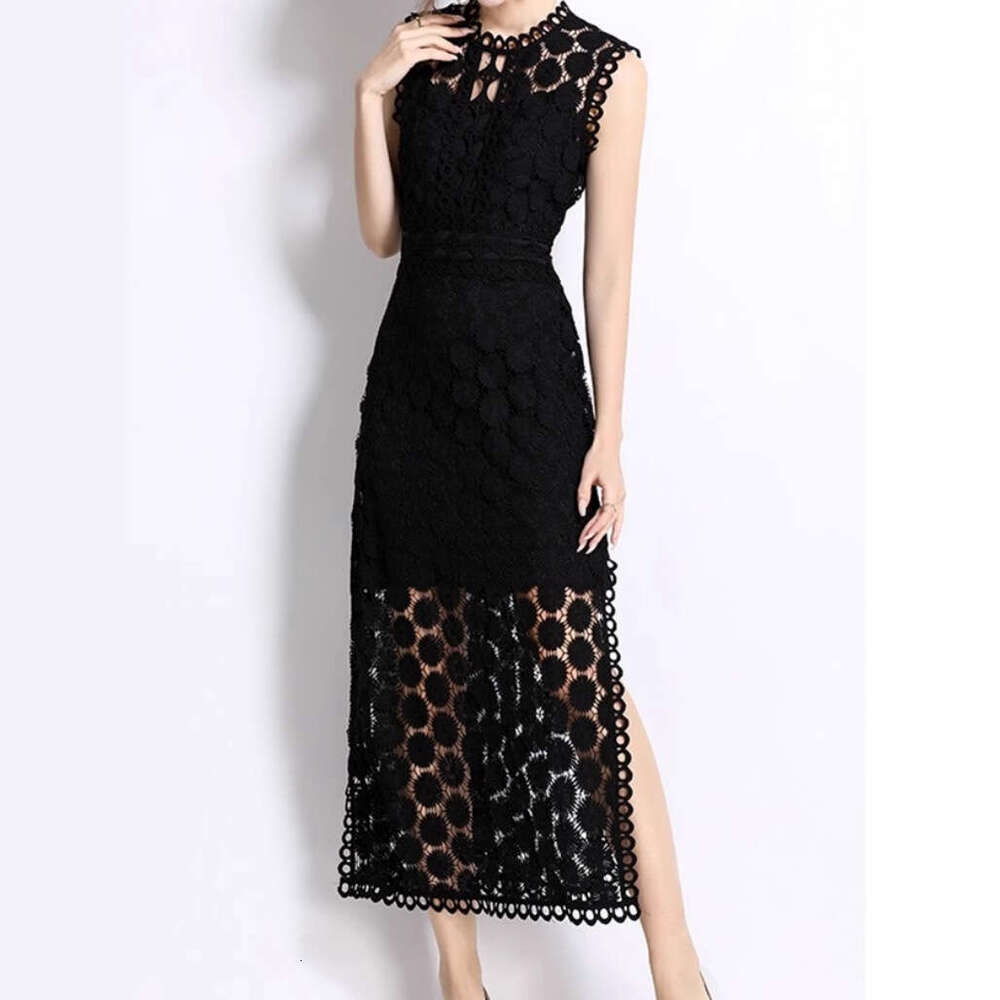 2026 Spring a3 and Summer European and American Vacation Style Sleeveless Hollow Lace Slimming Split Tight Dress for Women