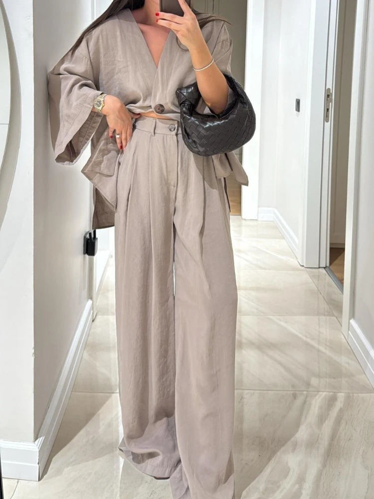 Casual Cotton Linen Loose Long Pants Suits Fashion Half Bubble Sleeve V-neck One Button Shirt Sets Lady Summer Street Outfit 260303