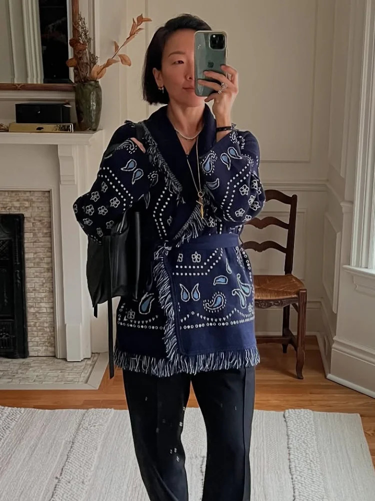 Tassel Patchwork Printed Cardigan Women Fashion V-neck Long Sleeve Loose Outerwears Lady Autumn Daily Commute Street Cardigans 260305
