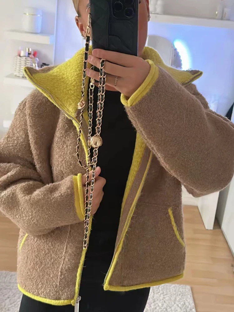 2026 Spring Contrast Knitted Cardigan Jackets For Women Elegant Long Sleeve Pockets Zipper Sweater Street Lady Chic Outwear 260305