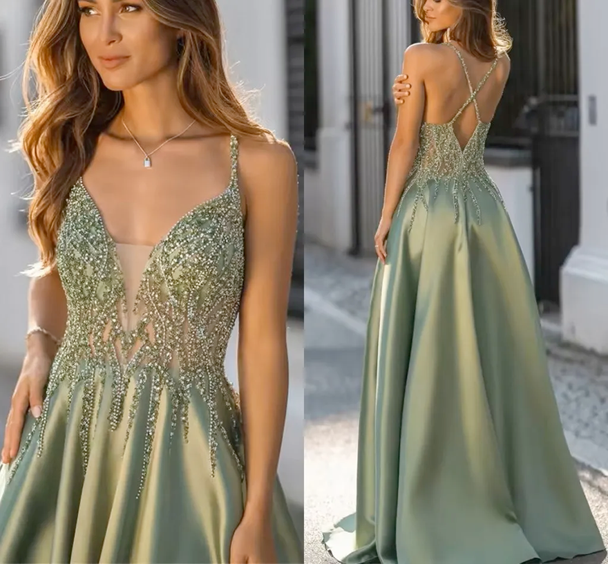 Luxurious Beaded Prom Pageant Dresses 2026 V-neck Sequins A-line Satin Floor Length Girls Evening Party Formal Gowns Robe De Soriee BC282