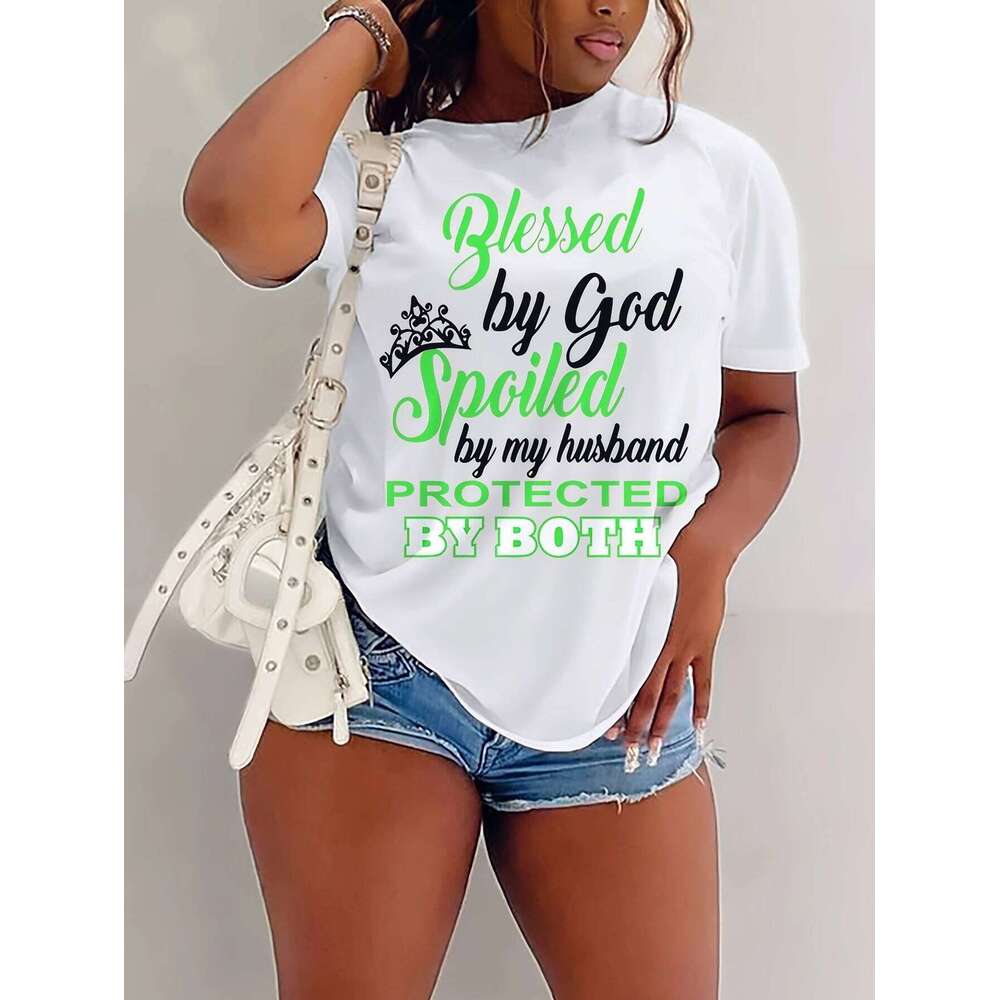 "Blessed God, Spoiled By My Husband" Print Women'S Casual Graphic Tee 2026 New Short Sleeve Round Neck Summer Funny T-Shirt XJ260306