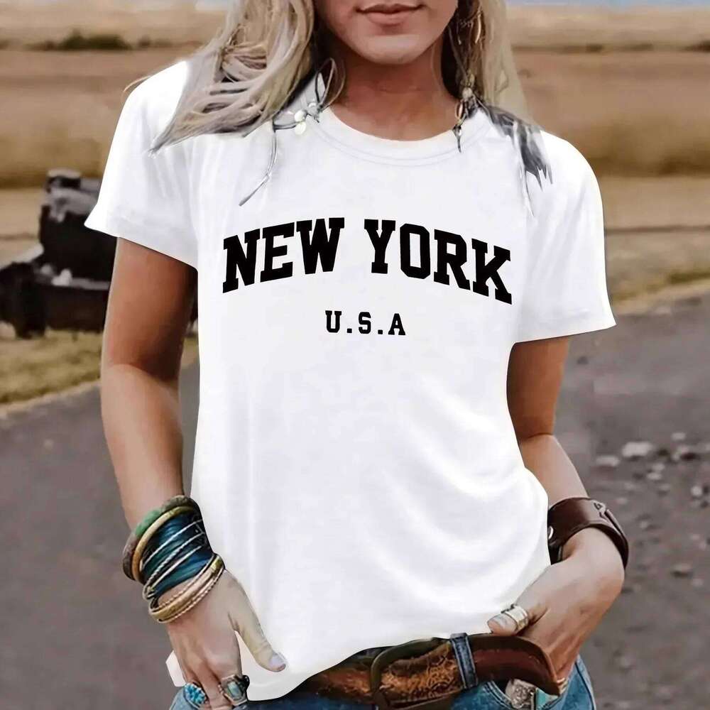 Comfortable round Neck Short Sleeve Women's York Pattern Print Summer New Style Polyester Fiber T-shirt Cross-Border XJ260306 XJ260306