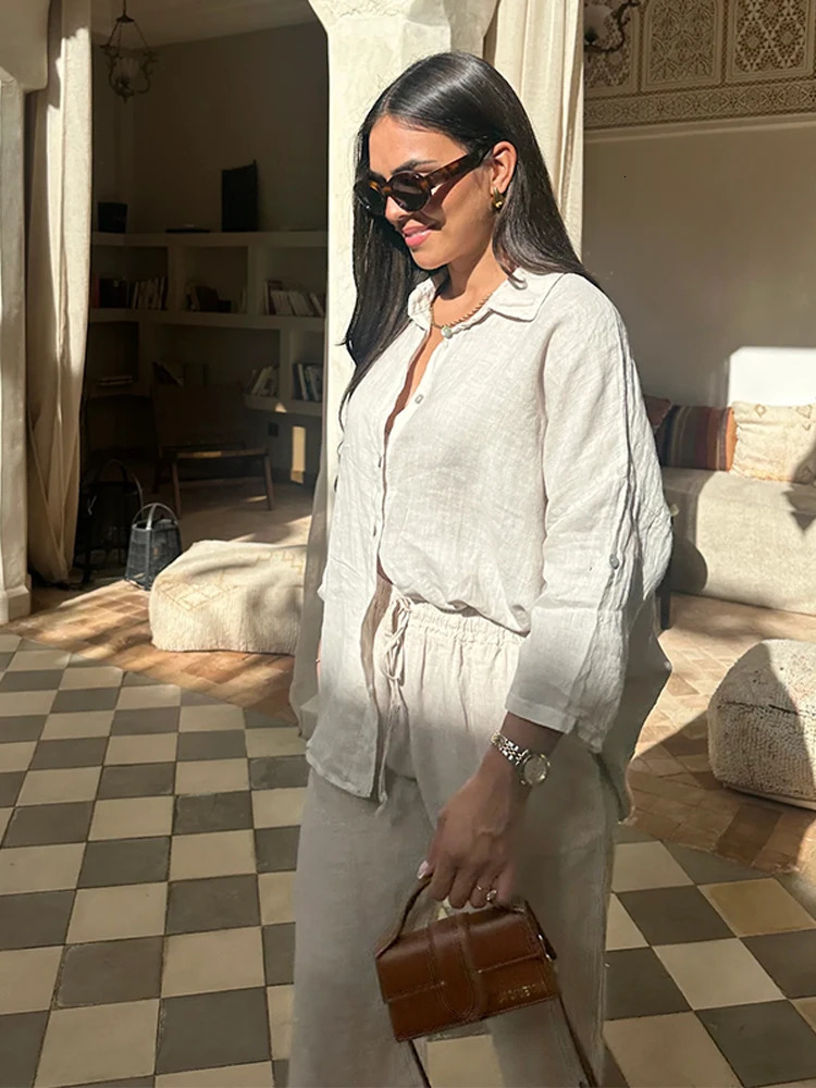 Cotton Linen Oversize Two Piece Ladies Set Casual Lapel Female Shirt Suits Wide Leg Pant Spring In Matching Women Outfits 260304