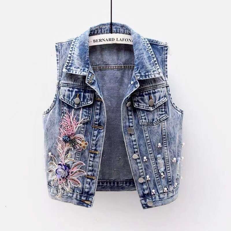 Mardi Hefxessdr Student Vest Slim Short Jacket Embroidery Flowers Sleeveless Denim Vest Women's Beaded Waistcoat Hole Jeans Vest Coat Girl