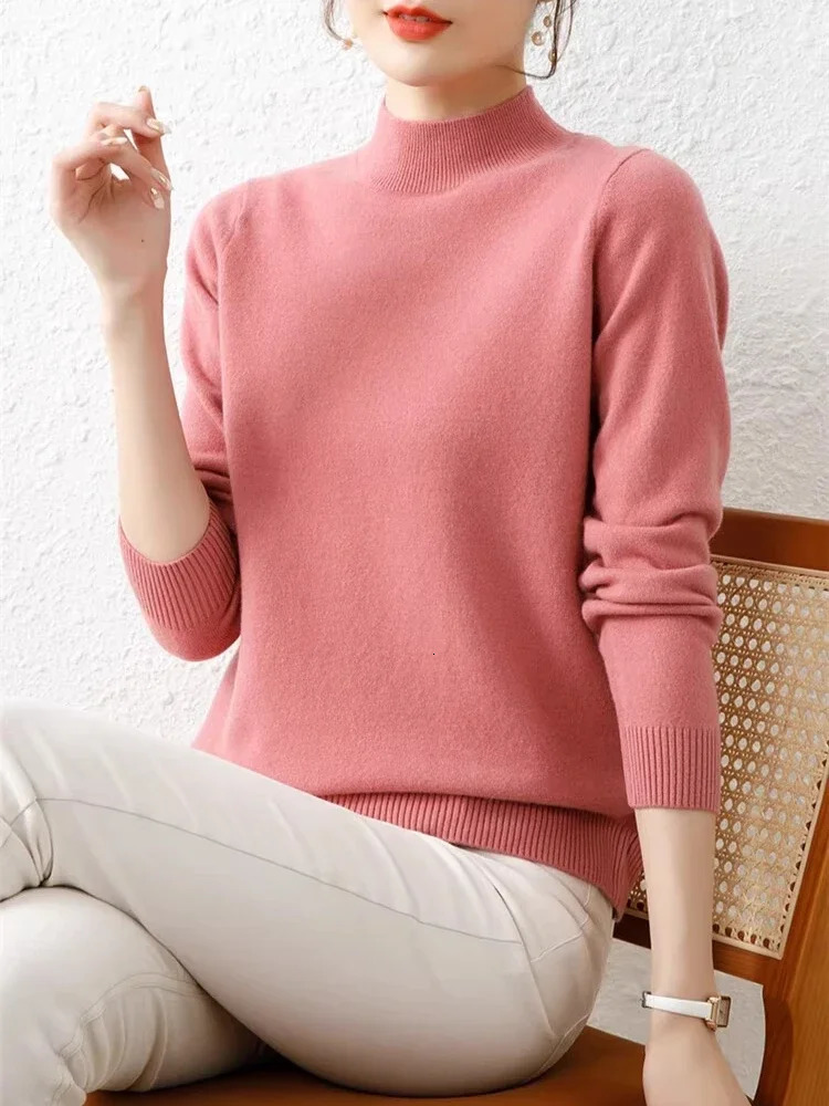 Korean Sweaters Autumn Winter Women Sweater Vintage Basic Solid Knitted Tops Casual Slim Mock Neck Pullover Simple Chic Jumpers 260306
