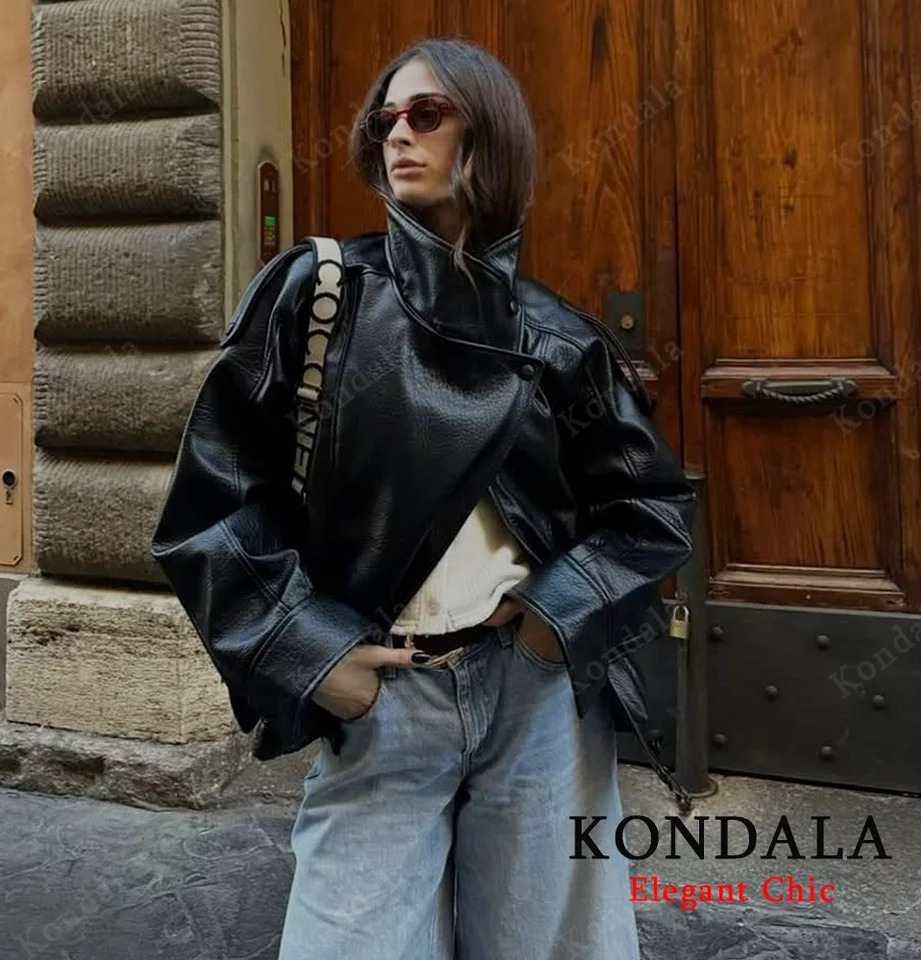 Women Fall Winter Leather Standing Collar Jacket Faux PU Zipper Pilot Jacket Coat Casual Fashion Outwear Ladies Jacket 260306