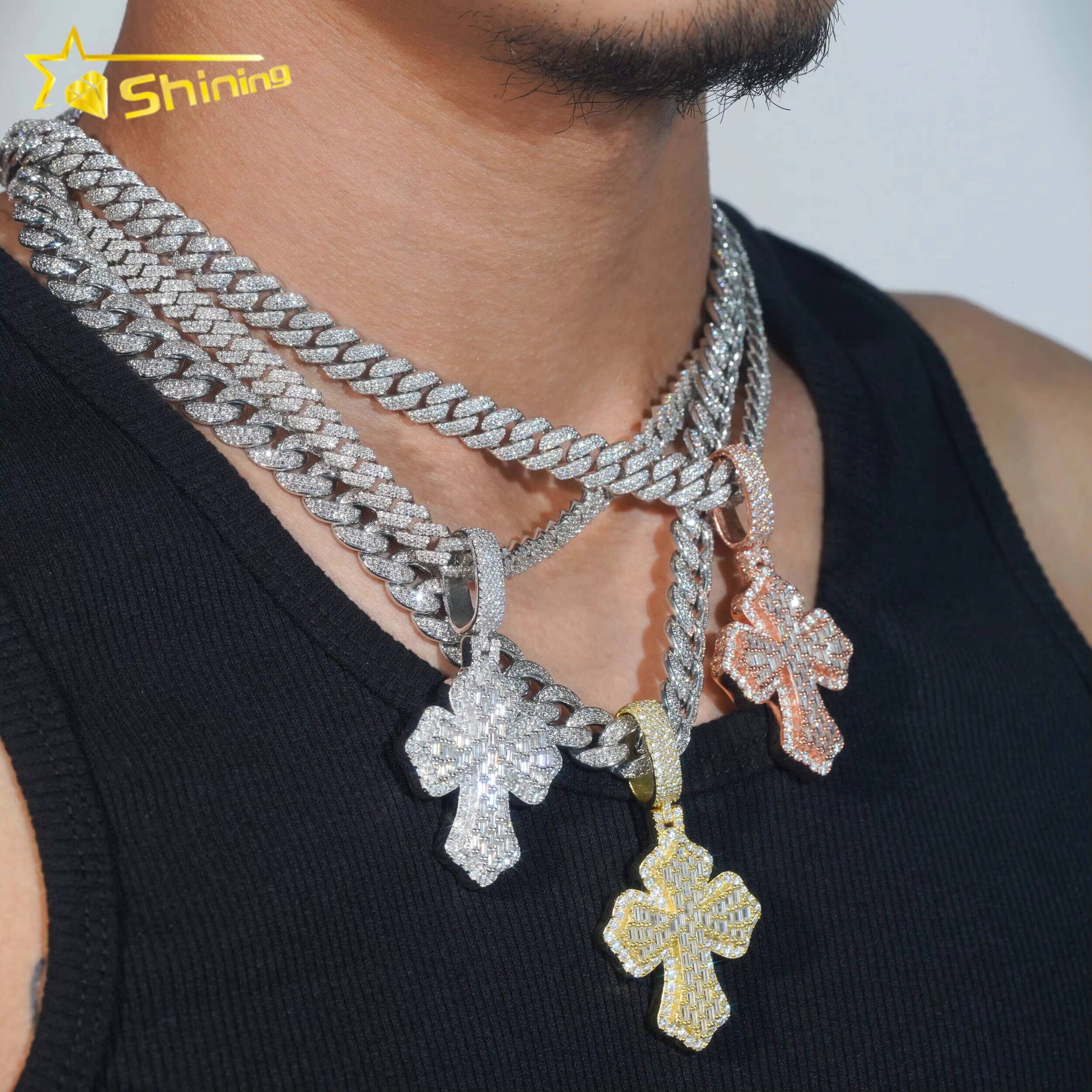 Best Selling Moissanite Hip Hop Jewelry Iced Out 925 Sterling Silver Baguette Moissanite Diamond Cross Pendant