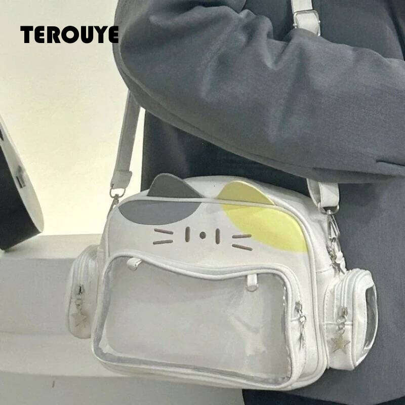 Women's Fashion Backpacks Y2k Korean Japan Kawaii Cat Ita Bag PU Cute Girls Transparent Pocket Aesthetic Shoulder Crossbody Bags TEROUYE