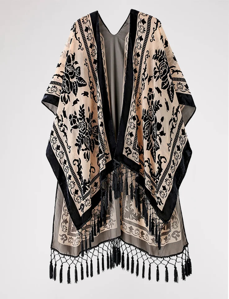 MJSERECA Bohemian Fashion women burnt plush kimono long cardigan with tassel beach coverup Holiday Casual Cardigan Shawl 260228