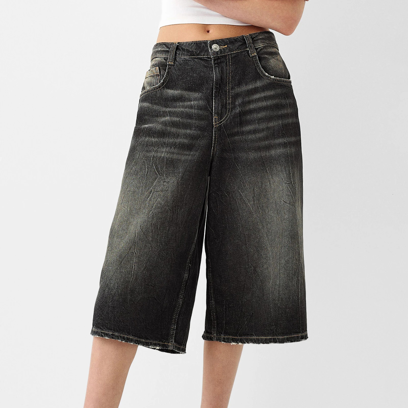 Womens Trendy Knee Length Denim Shorts Low Waisted Stretchy Bermuda Jean Shorts Baggy Cargo Jorts Y2K Vintage Streetwear 260306