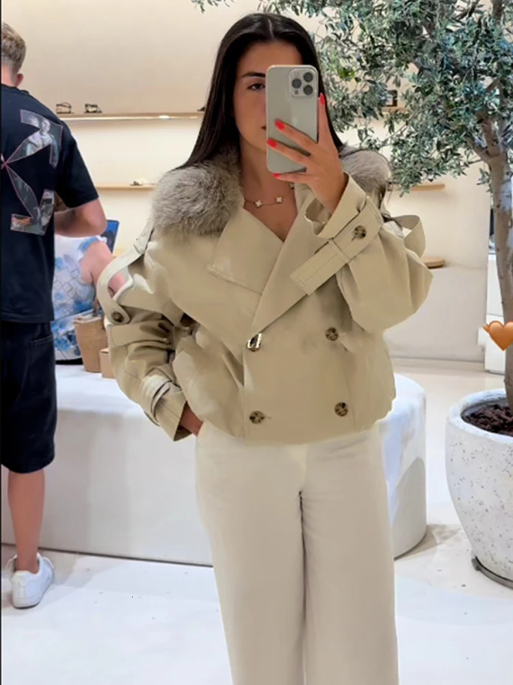 Chic Fur Collar Short Windbreaker Coat Women Fashion Double Breasted Pocket Loose Jacket Autumn Daily Commuting Office Outerwear 260228