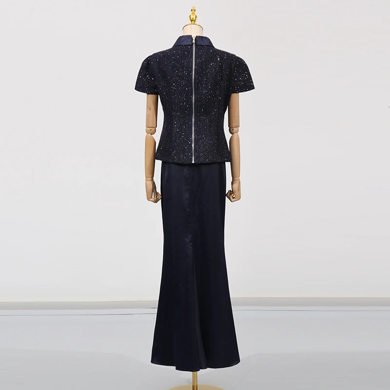 VGH Chic Two Piece Sets for Women Stand Collar Short Sleeves Spliced Pocket Tweed Top High Waist Maxi Skirts Vintage Suit Female 260304