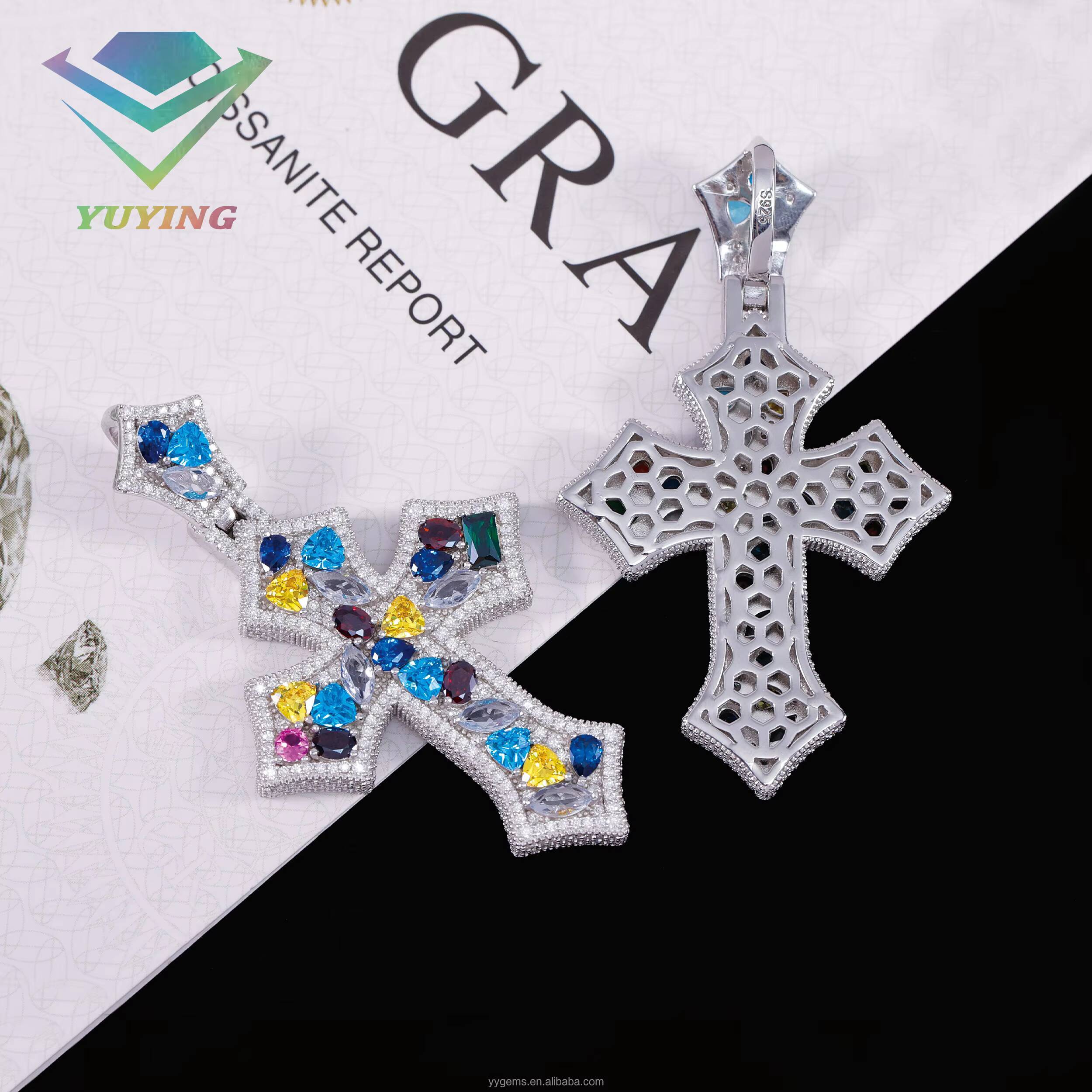 New Arrival Fancy Color Moissanite Cross Pendant for Necklace 925 Solid Silver Hip Hop Pendant VVS Moissanite Cross Pendant