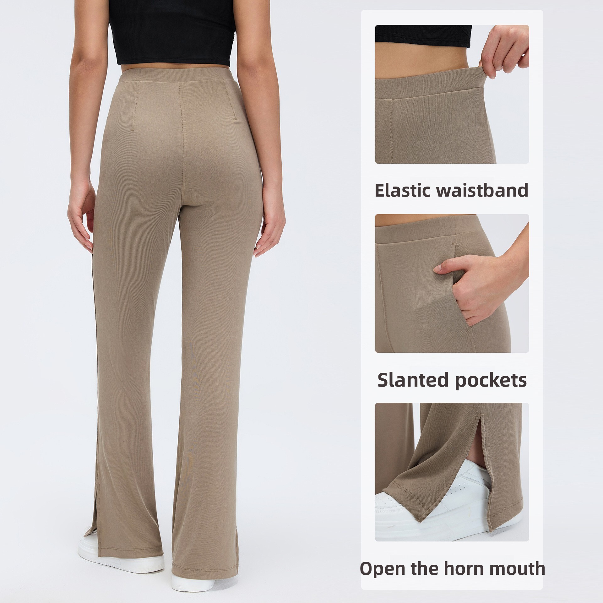 Sand-washed ribbed yoga for women, loose fit, slimming, wide-leg, slightly flared with side slits, sports and fitness long pants D26024