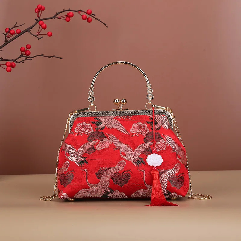 Chinese Style Crane Print Tassel Dinner Evening Bag For Women Fashion Metal Handle Handbag Chain Shoulder Party Small Clutch 260307