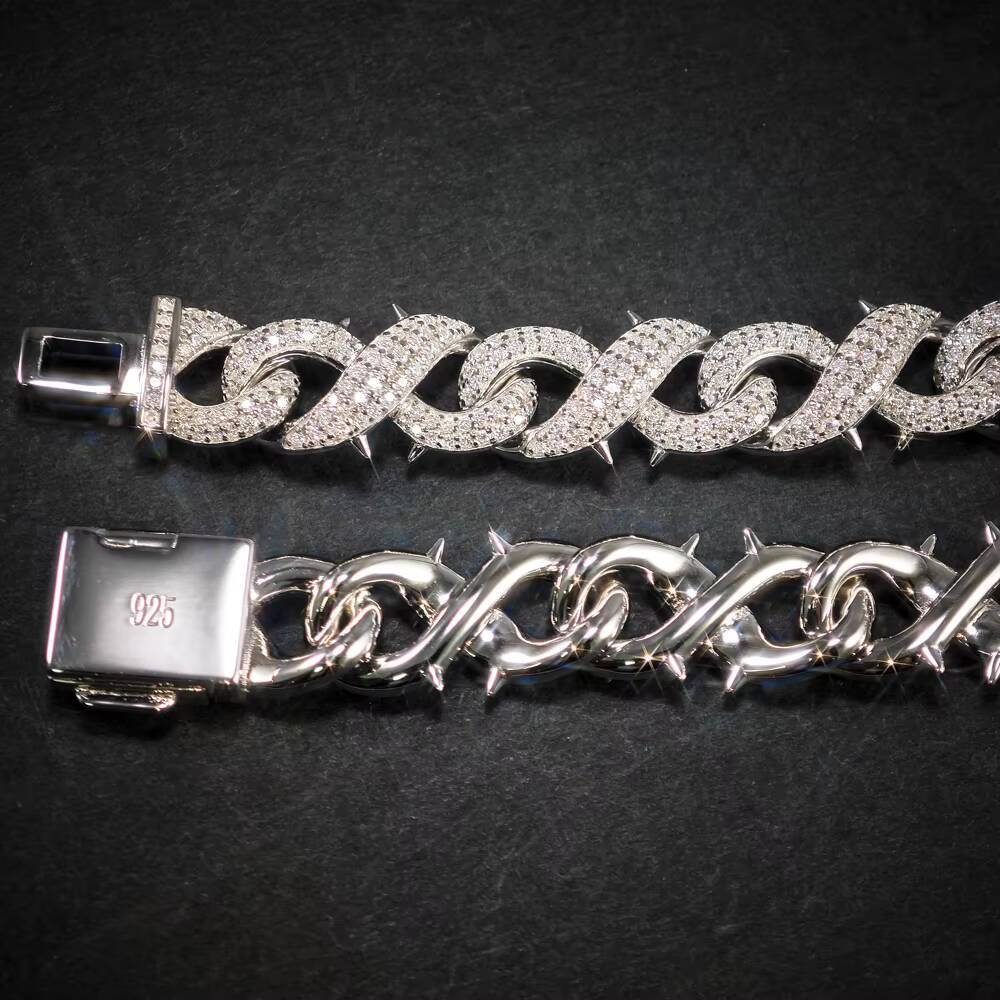 10mm Hip Hop Factory Direct Pass Diamond Tester Hip Hop 925 Silver Spiked Infinity Link Cuban Chain Bracelet Moissanite Necklace