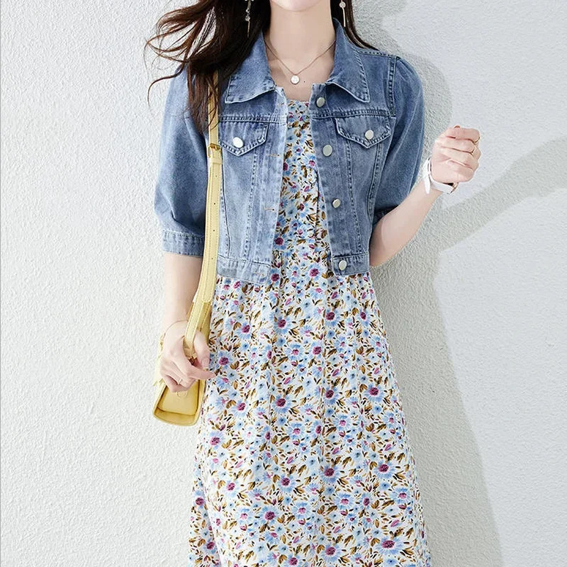 Vintage Crops Trendy Turn Down Collar Jackets Women Basic Solid Outwear Half Sleeve Denim Fit Harajuku Street Denim Jacket Women 260306