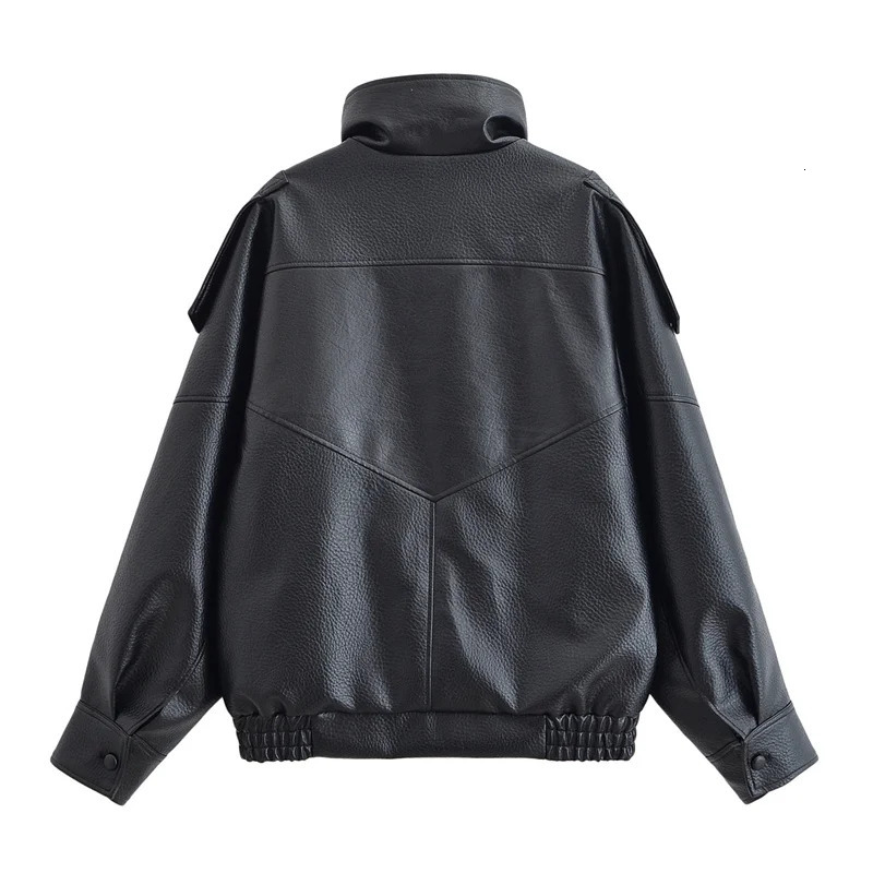 Womens Jacket Fall Black Long Sleeve Pebble Faux Leather Jacket Motorcycle Style Personality Fashion 260306